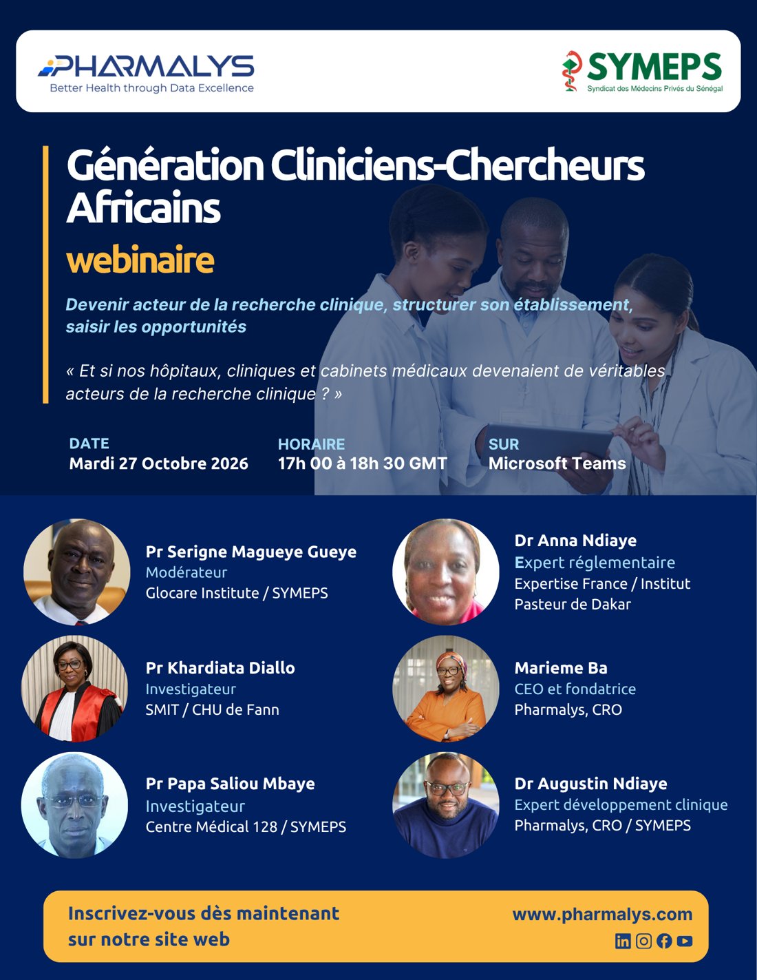 Webinaire Génération Cliniciens-Chercheurs Africains, mardi 27 octobre 2026, 17h00 à 18h30 GMT, sur Microsoft Teams